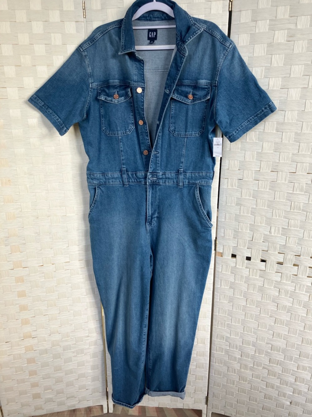 GAP Short Sleeve Denim Jumpsuit in Classic Blue